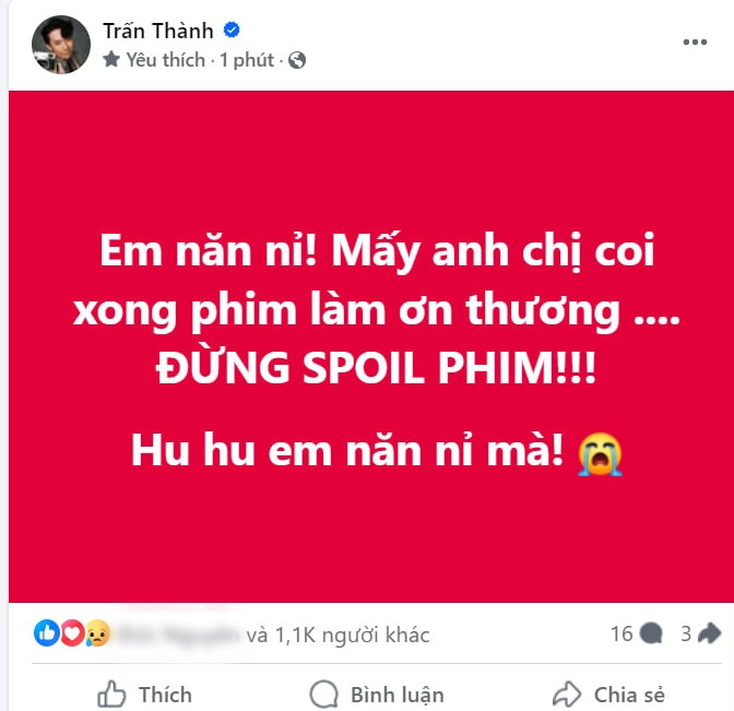 Trấn Thành năn nỉ khán giả ngừng spoil phim.