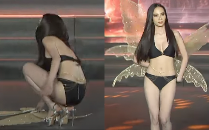 Thí sinh cuộc thi Miss Grand Rayong 2025 bị gãy phần cánh đeo trên vai khi trình diễn bikini tại đêm chung kết. (Ảnh chụp màn hình)