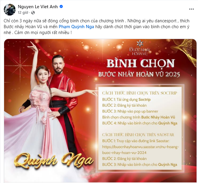 Việt Anh công khai kêu gọi mọi người ủng hộ Quỳnh Nga trước thềm chung kết Bước Nhảy Hoàn Vũ. (Ảnh chụp màn hình)