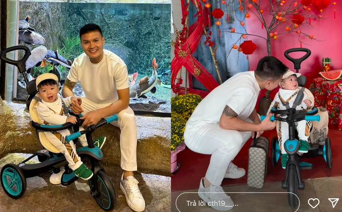 Quang Hải mang túi xách và giày hiệu có tổng mức giá khoảng 50 triệu đồng khi đưa con dạo chơi. (Ảnh chụp màn hình)