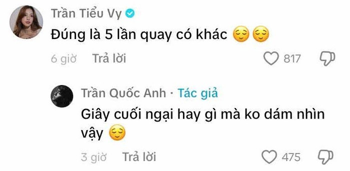 Tiểu Vy ngại ngùng không dám nhìn Quốc Anh. (Ảnh chụp màn hình)