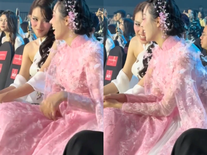 Tiểu Vy trêu đùa khi thấy Thanh Thuỷ ngượng ngùng ngắm Soobin trên sân khấu. Ảnh: Sưu tầm