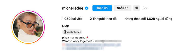 Trang Instagram của Michelle Dee không còn hiển thị danh hiệu Miss Universe Philippines. (Ảnh chụp màn hình) 