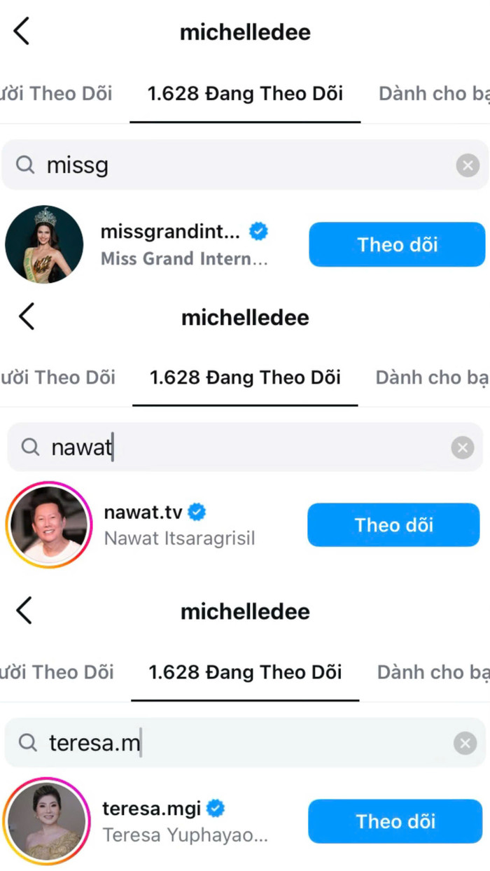Michelle Dee ấn theo dõi tài khoản Instagram của Miss Grand International và hai nhân vật quyền lực nhất cuộc thi. (Ảnh chụp màn hình)