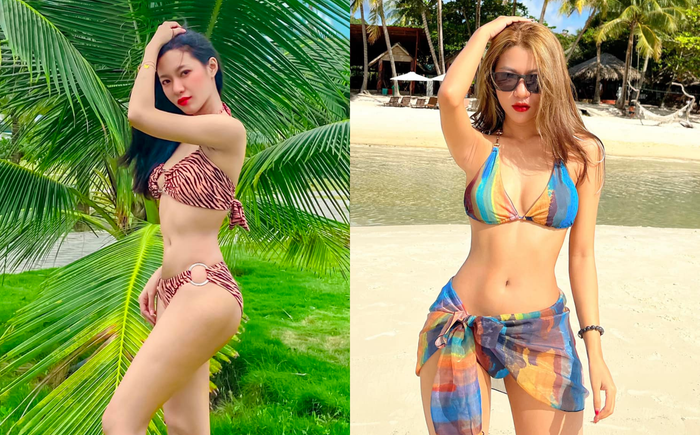 Vợ Đình Triệu hai lần diện bikini mang màu sắc nổi bật, khoe khéo vóc dáng căng tràn. Ảnh: FBNV