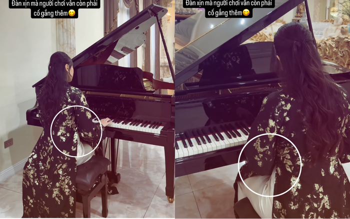 MC Mai Ngọc lộ bụng lớn trong vài khoảnh khắc chơi piano. Ảnh: FBNV