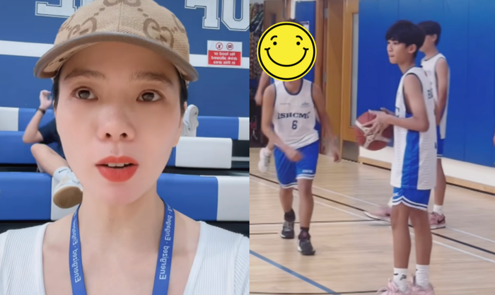 Dù bận rộn công việc, Lệ Quyên vẫn dành thời gian đến trường để cổ vũ quý tử thi đấu bóng rổ. (Ảnh: FBNV)