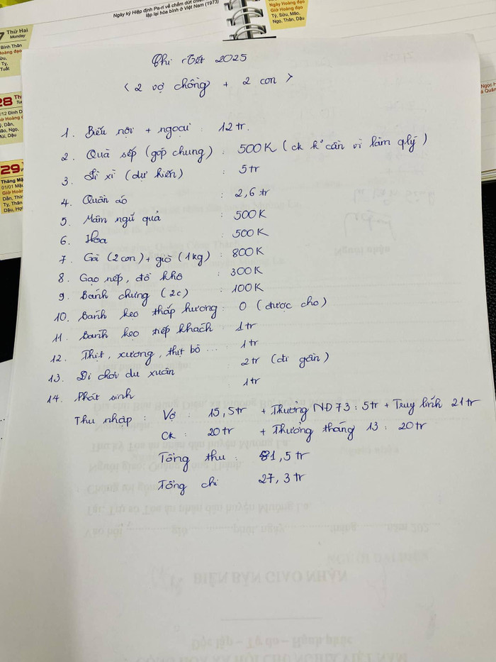 Cặp vợ chồng trong câu chuyện được khen ngợi vì thu nhập cao, chi tiêu Tết hợp lý. (Ảnh FBNV)