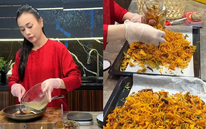 Phương Oanh vào bếp làm khô gà lá chanh đãi gia đình. (Ảnh FBNV)