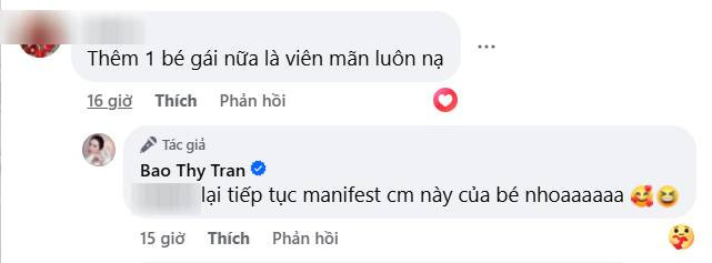 Bảo Thy tỏ ra thích thú khi người hâm mộ gợi ý cô sinh thêm con. (Ảnh chụp màn hình)