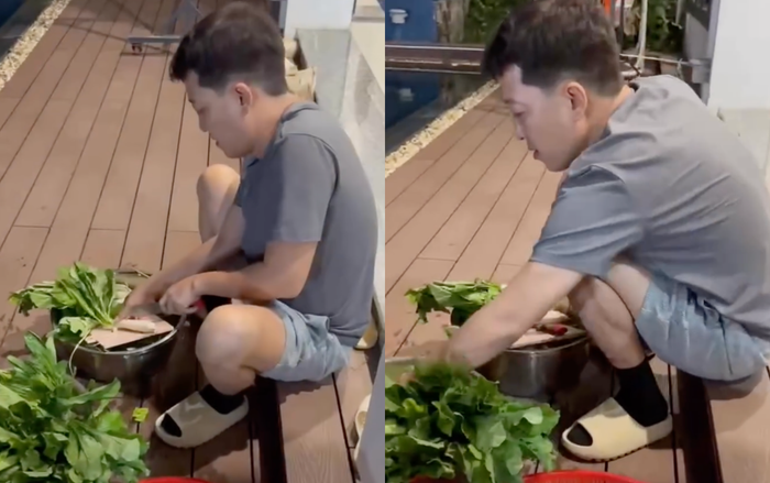 Trường Giang miệt mài sơ chế củ cải để làm kim chi lúc nửa đêm. (Ảnh: FBNV)