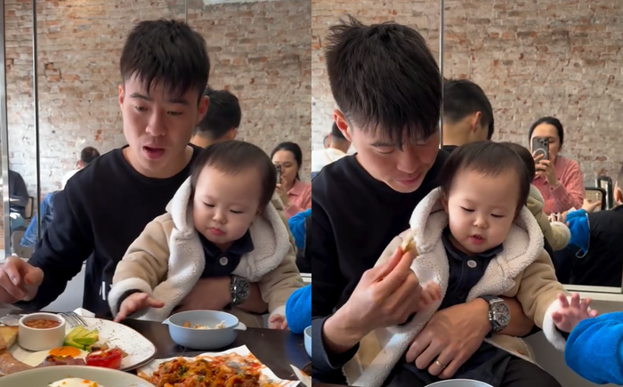 Khoảnh khắc Duy Mạnh chăm sóc con chu đáo được công chúng dành nhiều lời ngợi khen. (Ảnh chụp màn hình)