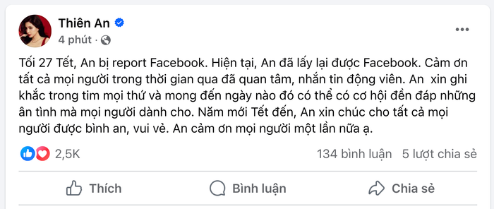 Thiên An lần đầu lên tiếng về sự cố mất 'tài sản' đúng vào ngày cận Tết Nguyên Đán. (Ảnh chụp màn hình FBNV)