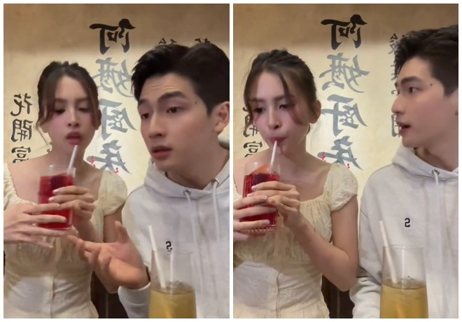 Tiểu Vy thoải mái uống chung cốc nước với Quốc Anh. (Ảnh TTNV)