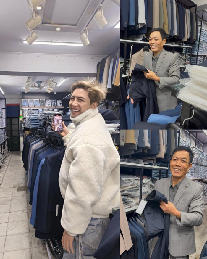 Anh Tú hào hứng đưa bố đi sắm quần áo mới. Nam ca sĩ hào hứng nói rằng 'luồn lạch, tính toán kỹ lắm mới rủ bố vào được tiệm quần áo'. Ảnh: FBNV