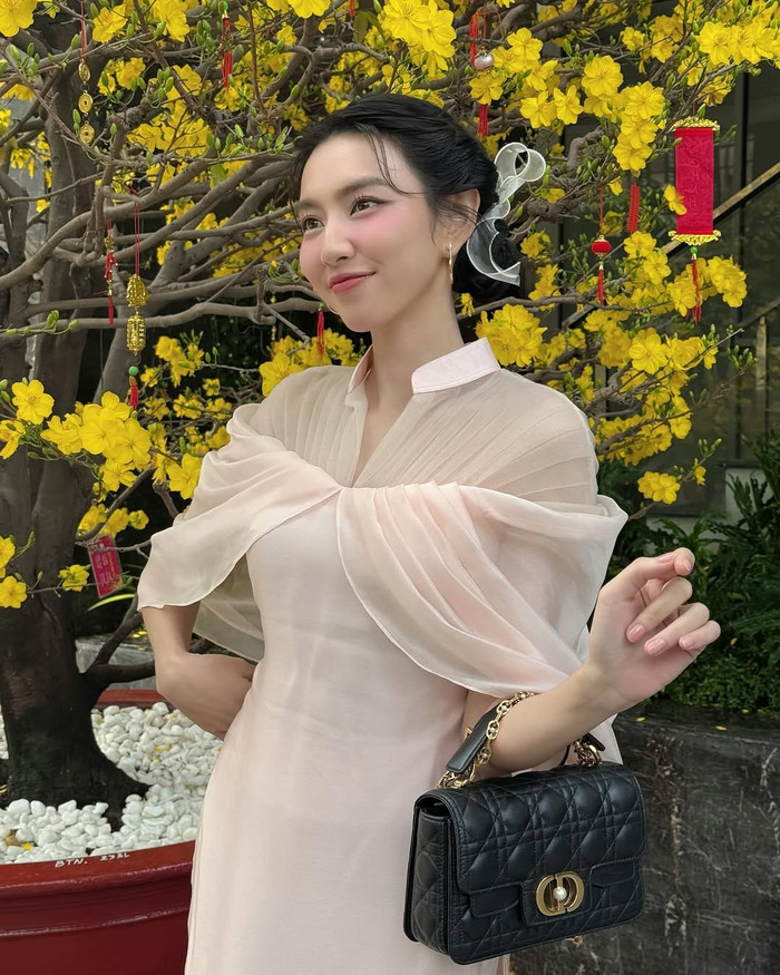 Hoa hậu Thùy Tiên cũng sở hữu một mẫu túi xách màu đen khác của thương hiệu được Hòa Minzy lựa chọn. Món phụ kiện của cựu Hoa hậu Hòa bình Quốc tế có mức giá nhỉnh hơn và rơi vào khoảng 140 triệu đồng. Hoa hậu Thùy Tiên trổ tài phối chiếc túi xách này cùng áo dài cách tân, mang tông màu hồng pastel ngọt ngào. (Ảnh: FBNV)