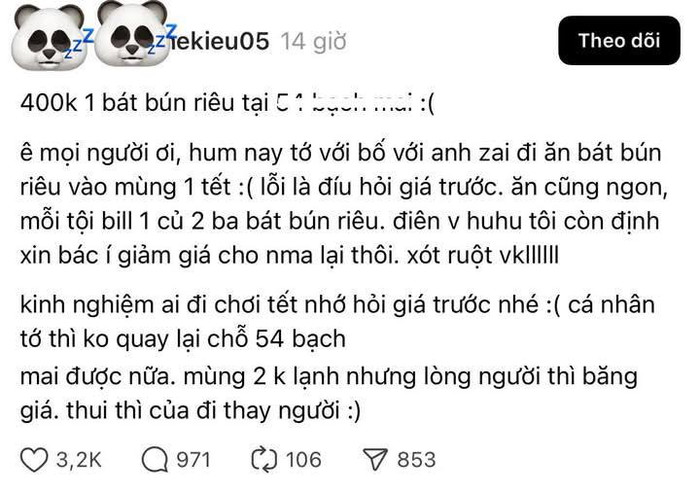 Một cô gái 'tố' quán bún riêu bán 3 bát bún giá 1.2 triệu đồng ngày mùng 1 Tết Nguyên đán khiến cộng đồng mạng 'dậy sóng'. 