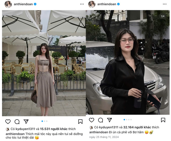 Hoa hậu Kỳ Duyên liên tục thả tim không sót hình ảnh nào mà Đoàn Thiên Ân đăng tải từ ngày 25/11/2024 đến nay. (Ảnh chụp màn hình)