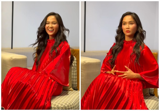 Người đẹp cười lớn khi giải thích về nghi vấn mang bầu. (Ảnh chụp màn hình)