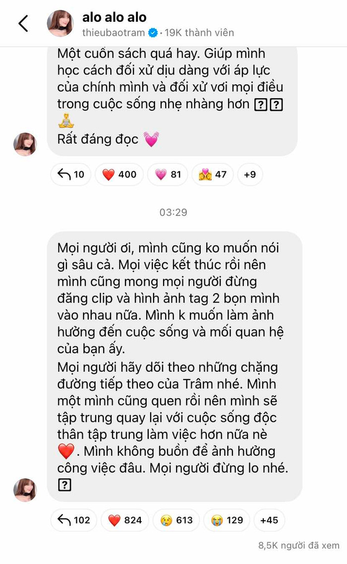 Thiều Bảo Trâm thông báo chia tay vào 3h sáng ngày 5/1. Ảnh: Chụp màn hình