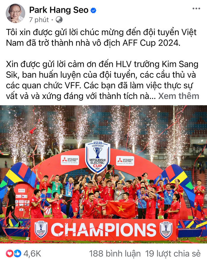 HLV Park Hang Seo đã gửi lời chúc mừng đến tuyển Việt Nam và HLV Kim Sang Sik. Ảnh chụp màn hình