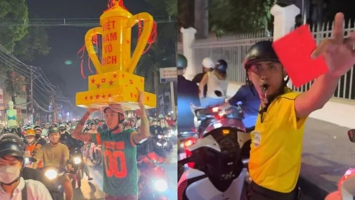 Chiếc cup tự chế đầy tự hào của người dân Việt và màn cosplay trọng tài đầy hài hước từ cổ động viên Việt Nam.