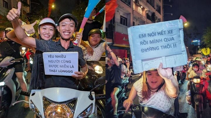 Những tấm bảng vui nhộn với những câu nói tưởng chừng không liên quan đến chiến thắng, nhưng lại mang lại bầu không khí hài hước.