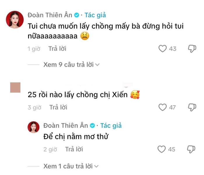 Hoa hậu Thiên Ân khéo léo trả lời khi bị cư dân mạng giục lấy chồng. Ảnh: Chụp màn hình