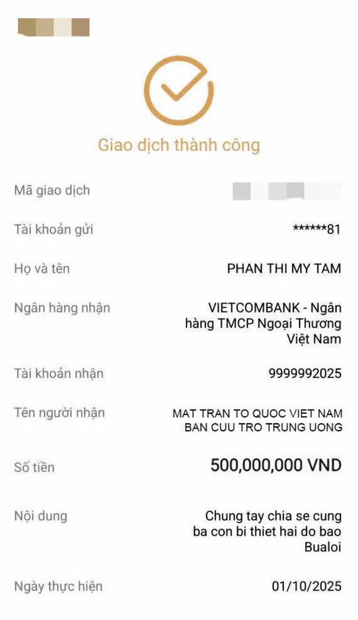 Mỹ Tâm công bố hình ảnh giao dịch chuyển khoản đến quỹ Mặt trận Tổ quốc. Ảnh: FBNV