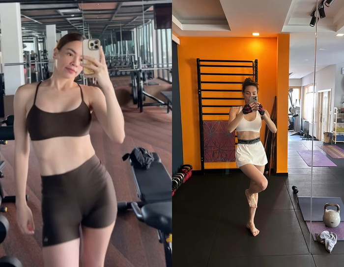 Nữ ca sĩ 8X chăm chỉ tập luyện thể dục mỗi khi có thời gian rảnh. Đây là một trong những bí quyết giúp cô giữ dáng thon và làn da mịn màng. (Ảnh FBNV)