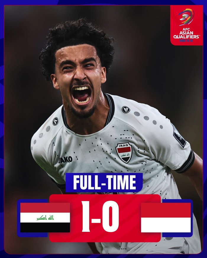 Chiến thắng 1-0 của tuyển Iraq trước Indonesia ở vòng loại World Cup 2026 khiến cổ động viên hai đội phản ứng trái chiều trên mạng xã hội. Ảnh: AFC