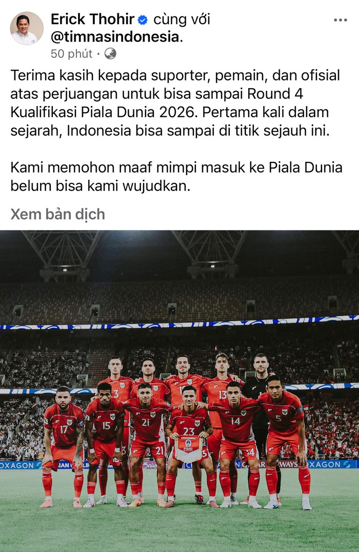 Sau khi tuyển Indonesia bị loại, Erick Thohir đã phải nói lời xin lỗi người hâm mộ xứ vạn đảo. Ảnh chụp màn hình