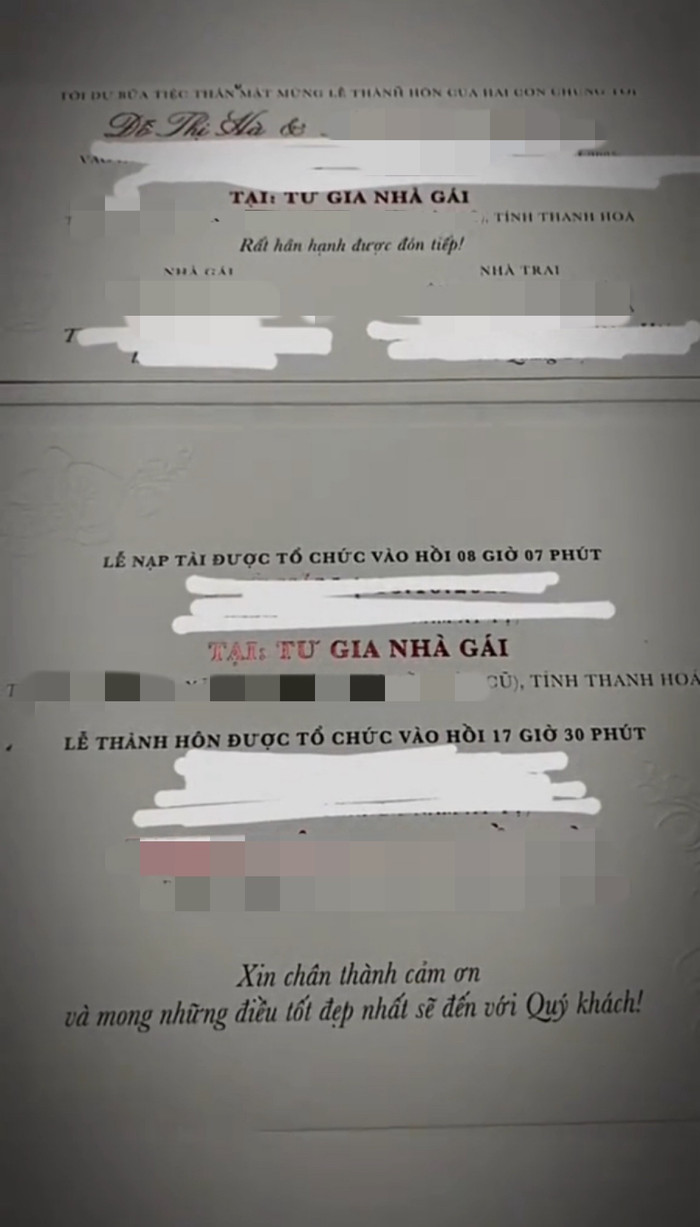 Thiệp cưới được cho là của Đỗ Thị Hà đã ghi rõ thông tin về ngày vui của nàng hậu. Ảnh: tinhot_oday.