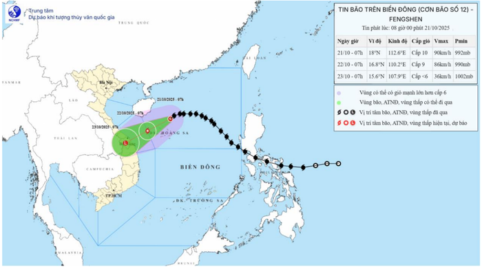Bản đồ dự báo quỹ đạo và cường độ bão số 12 phát lúc 08h00 ngày 21/10/2025. (Nguồn: Trung tâm Dự báo khí tượng thuỷ văn quốc gia)