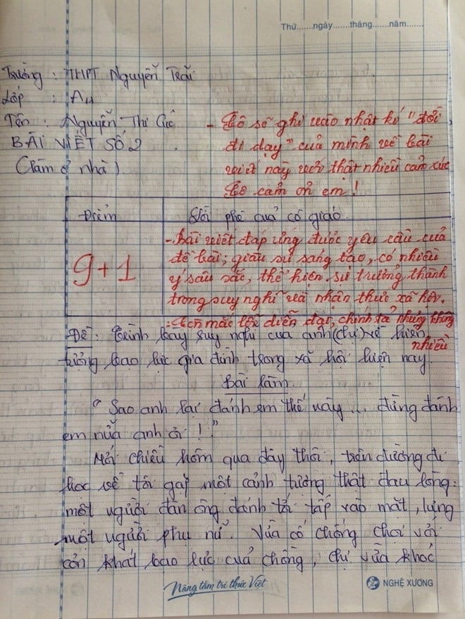 Bài văn đạt điểm 10 gây chú ý. Ảnh: Znews