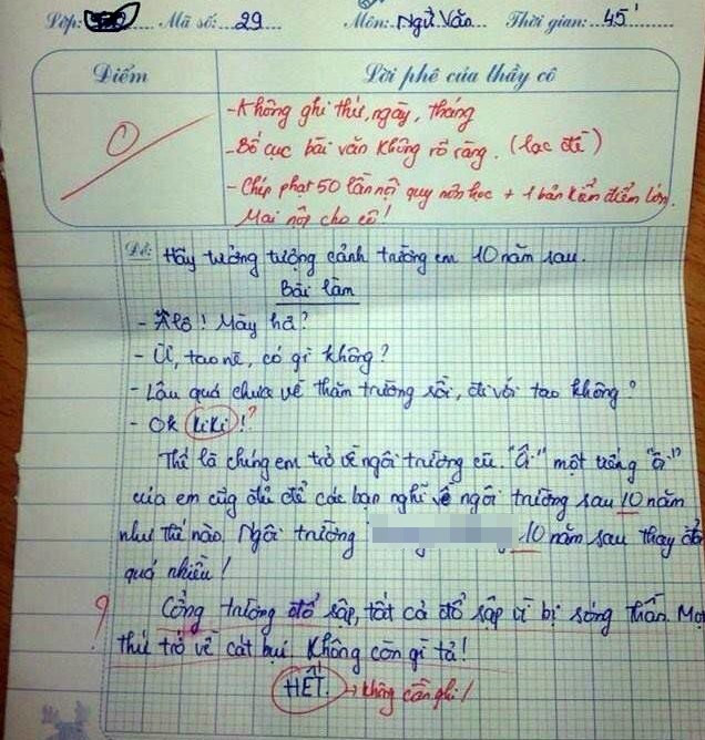 Bài văn tả cảnh trường em bị chấm 0 điểm.