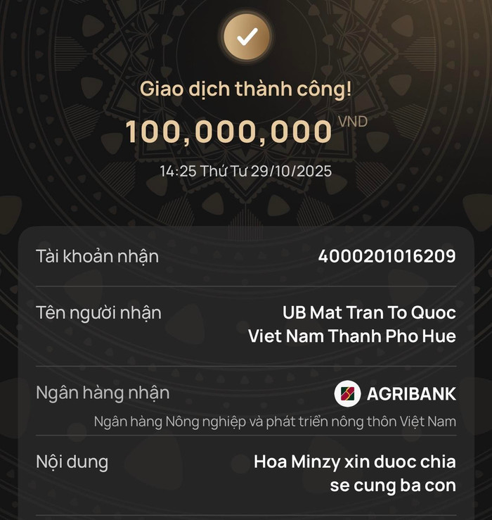 Hình ảnh giao dịch chuyển tiền của Hòa Minzy. Ảnh: FBNV