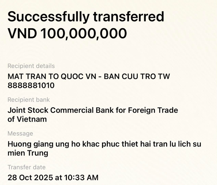 Hương Giang công khai hình ảnh giao dịch chuyển khoản. Ảnh: FBNV