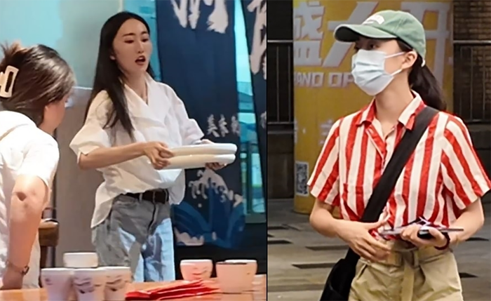 Hình ảnh nữ diễn viên Vũ Thư Điền đi làm bồi bàn, phát tờ rơ để mưu sinh. 