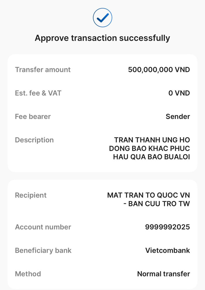 Vợ chồng Trấn Thành gửi 500 triệu đồng đến quỹ Mặt Trận Tổ quốc. Ảnh: FBNV