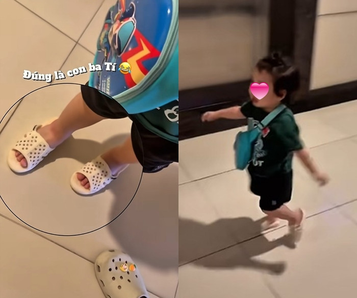 Nhã Phương chia sẻ khoảnh khắc đời thường bên 2 con. Trong đó, bé Hope được cho là 'sao y bản chính' từ Trường Giang, đến đôi dép tổ ong cũng hệt như của bố. (Ảnh từ FBNV)