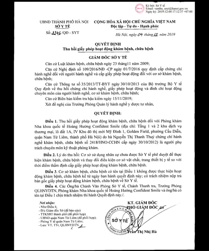 Phòng khám nha khoa của Hoàng Hường bị tước giấy phép. (Nguồn: Dân trí) 