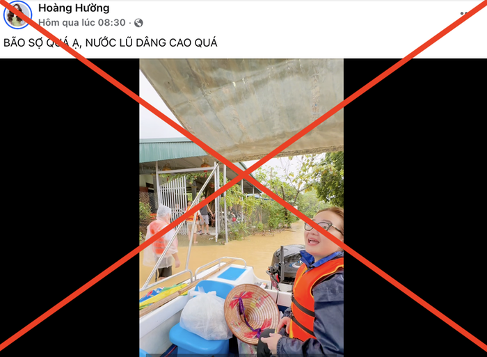 Ngày 4/10, một Facebook có tên Hoàng Hường đăng tải hình ảnh đi phát quà từ thiện tại vùng lũ. (Nguồn: Tuổi Trẻ Online)