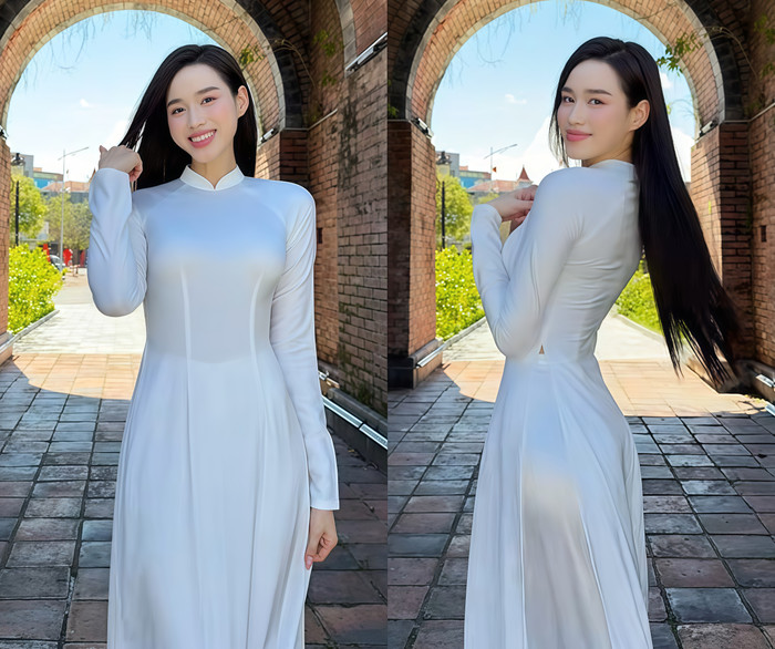 Đỗ Thị Hà ghi điểm trong hình ảnh áo dài trắng, cùng mái tóc dài thẳng mượt. (Ảnh từ Tiktok nhân vật)