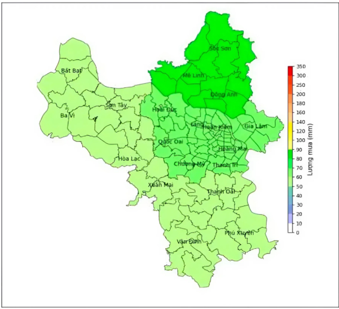 Bản đồ dự báo lượng mưa từ ngày 6/10 đến ngày 7/10 trên địa bàn Thành phố Hà Nội. (Nguồn: Đài Khí tượng Thủy văn khu vực Bắc Bộ)