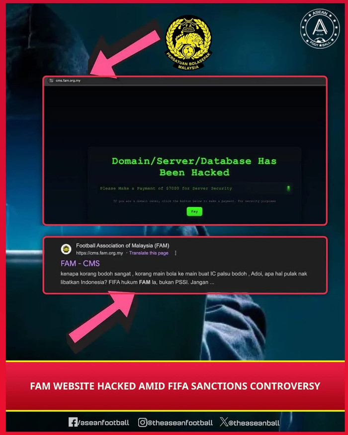 Theo trang Asean football, trang web của Liên đoàn Bóng đá Malaysia đã bị tin tặc tấn công. Ảnh: Asean football