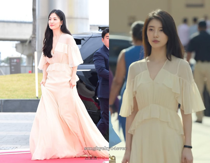 Song Hye Kyo và Suzy vô tình 'đụng hàng' với chiếc váy màu trắng nữ tính. Ảnh: Instagram song hyekyo4ever