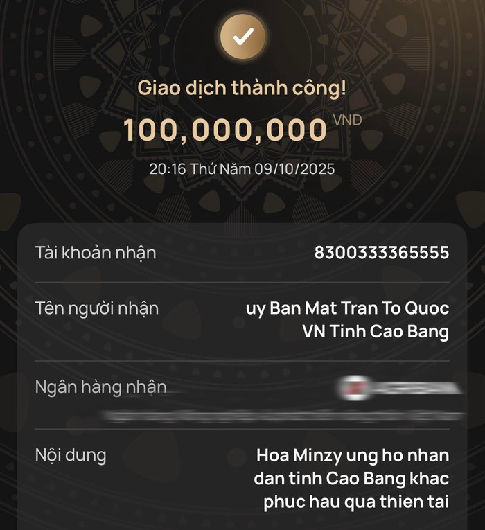Hoà Minzy đã kịp thời ủng hộ đến nhân dân tỉnh Cao Bằng (Ảnh: FBNV).