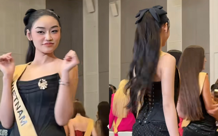 Yến Nhi buộc tóc đuôi ngựa, trang điểm nhẹ nhàng khi tham gia buổi Grand Talk tại Miss Grand International. Ảnh chụp màn hình