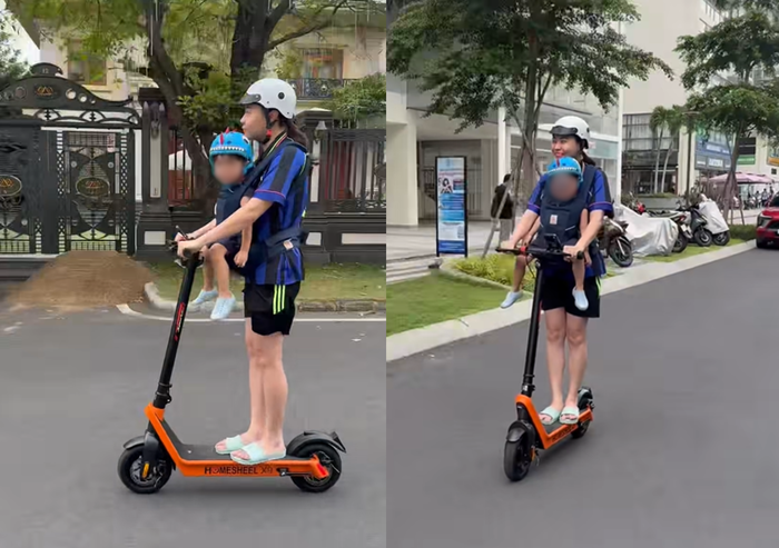 Đàm Thu Trang sử dụng scooter đưa con đi dạo trong nội khu. (Nguồn: FBNV)
